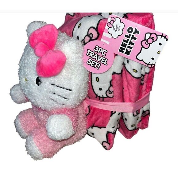 New! HELLO KITTY 3Pc Travel Set Hot Pink Blanket, Pillow, Plush Buddy Limited - Picture 2 of 5